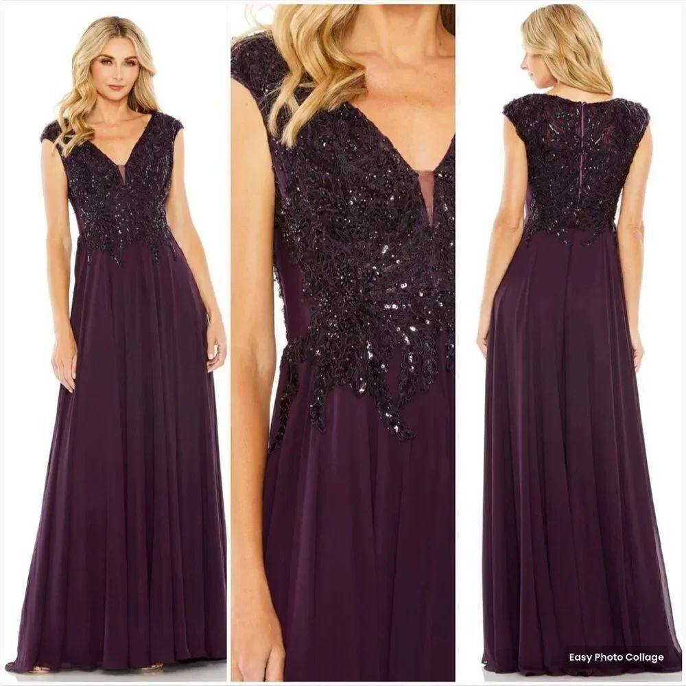 Mac Duggal 20264 Womens Purple APPLIQUED CAP SLEEVE BODICE FLOWY GOWN